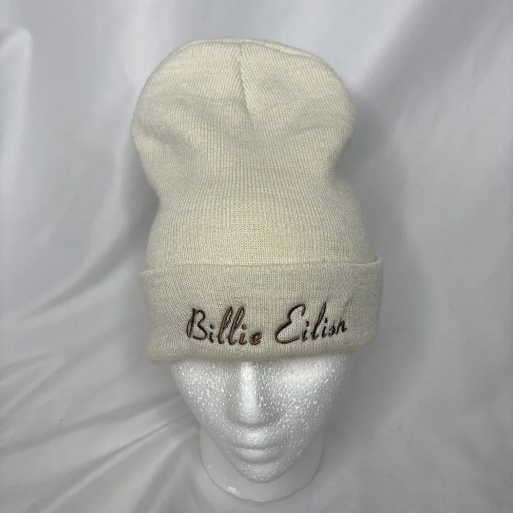 Billie Eilish Script Logo Cuffed Knit‎ Beanie Winter Hat Cap Cream Brown